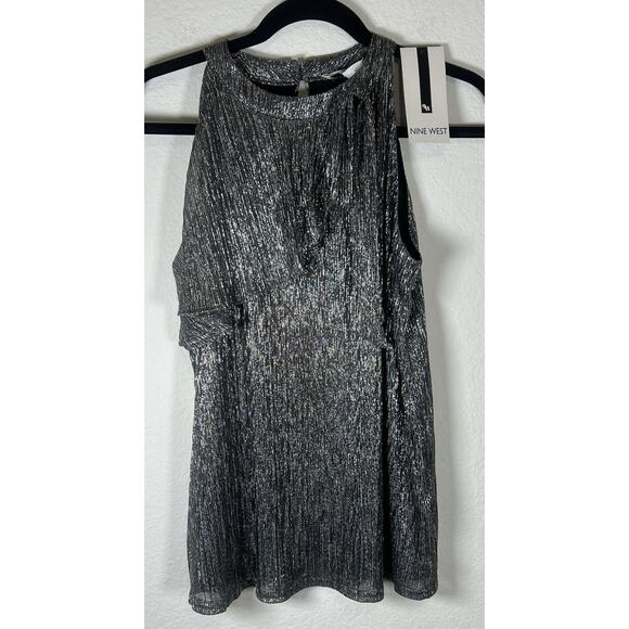 NINE WEST Halter Top Silver Metallic Ruffle Shimmer Flowy‎ Blouse Small NEW - Picture 1 of 8